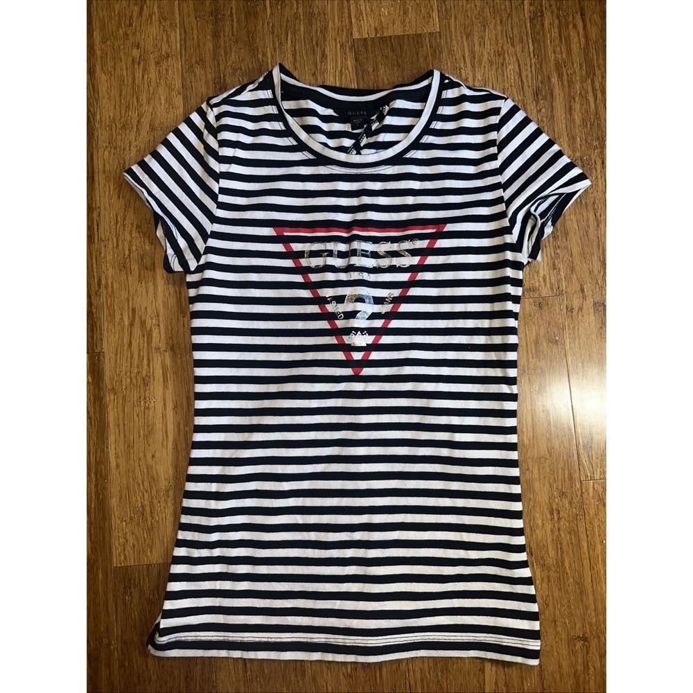 Vintage Guess Jeans Top Black White Small Striped Open Back TShirt Short Sleeve